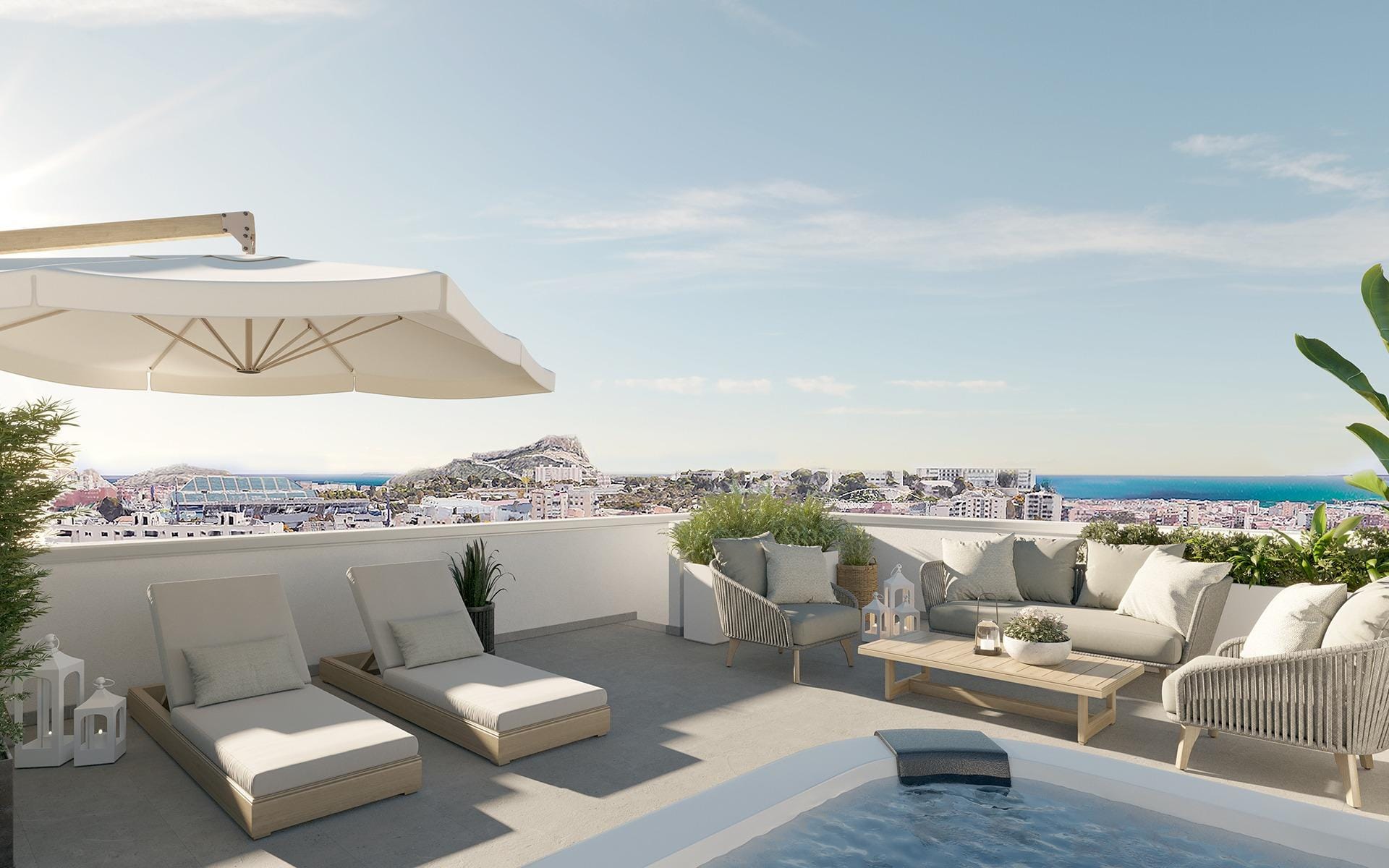 Private solarium with plunge pool and city panorama in San Agustín, Alicante