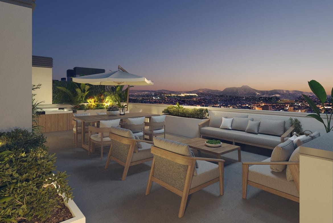 Private rooftop terrace at night in San Agustín, Alicante