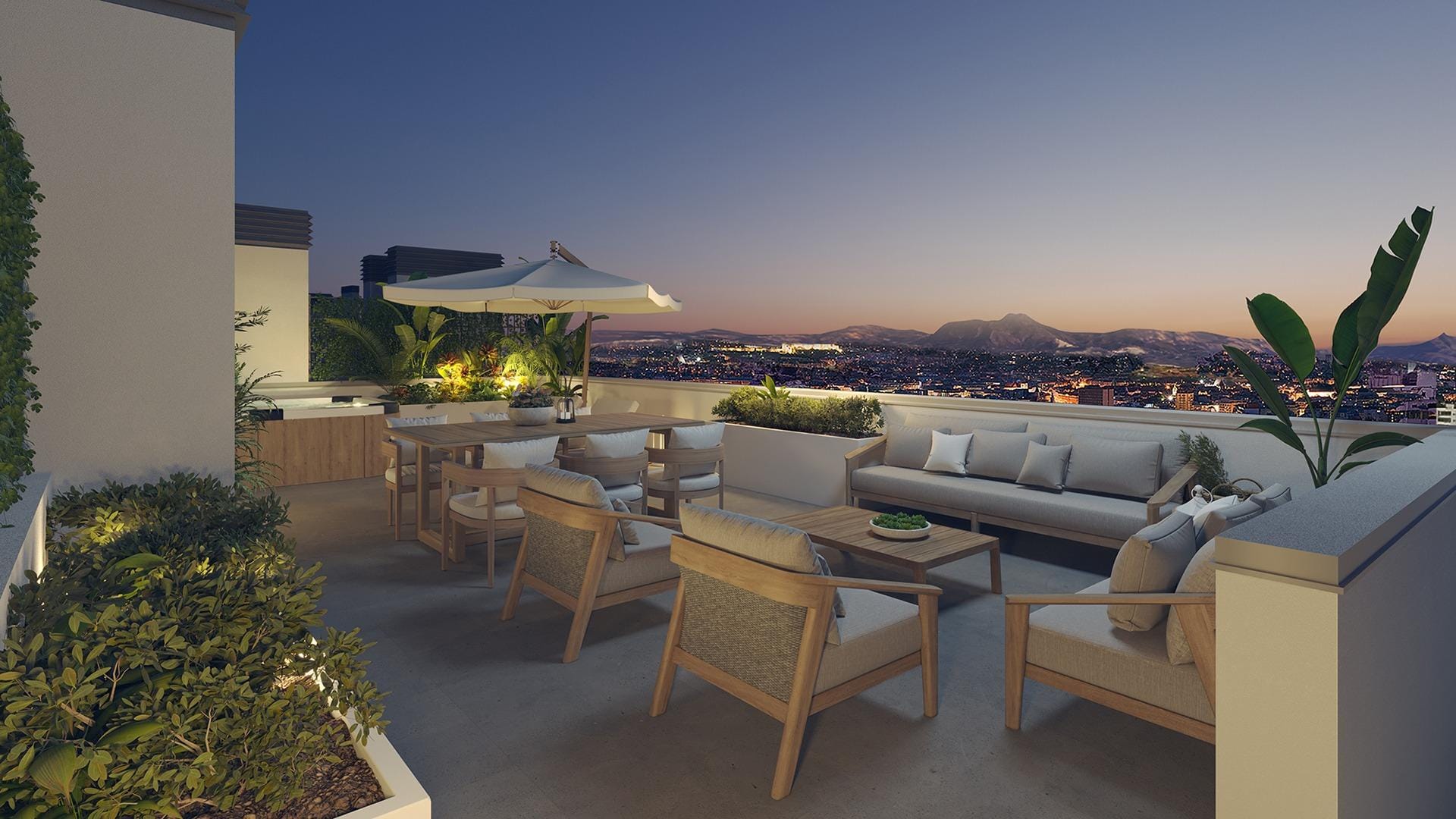 Private rooftop terrace at night in San Agustín, Alicante