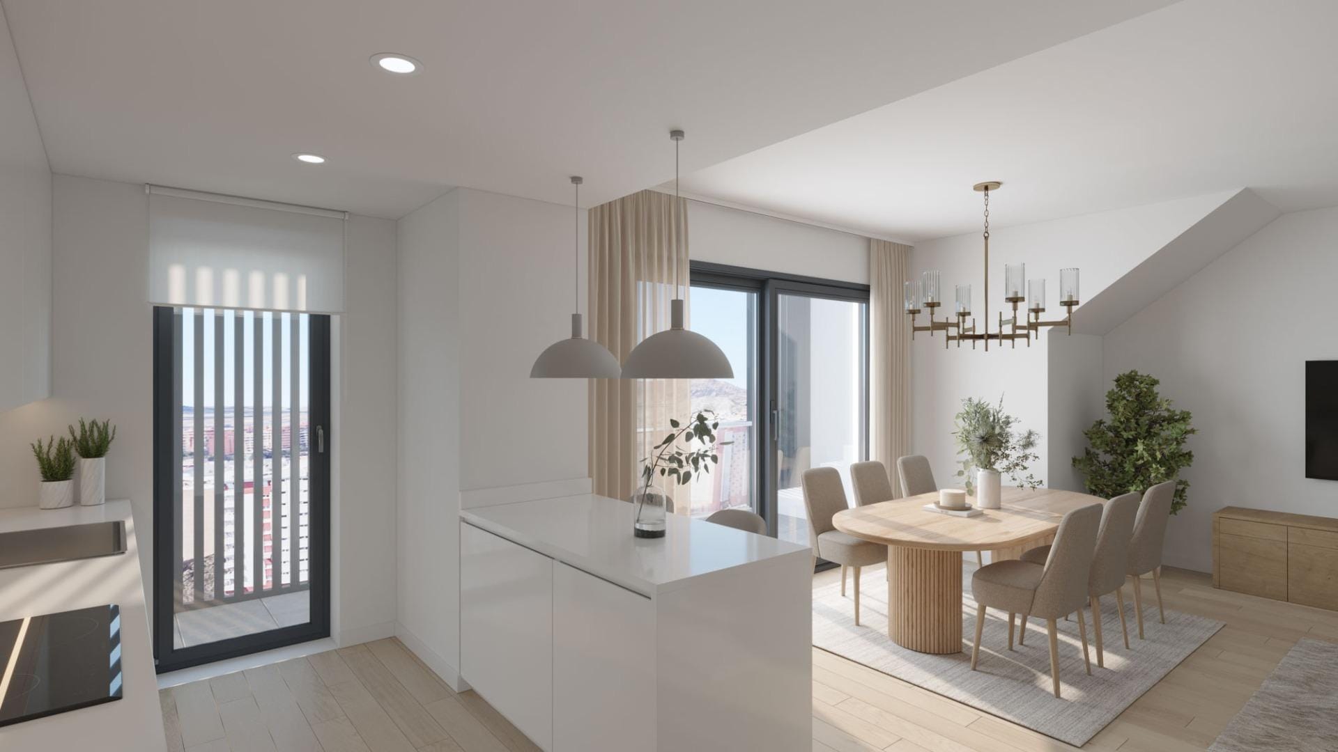 Open-plan kitchen and dining area in a San Agustín penthouse, Alicante