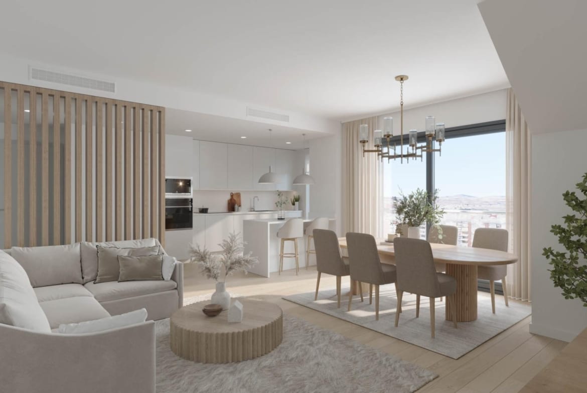 Bright open-plan living area in a San Agustín penthouse, Alicante