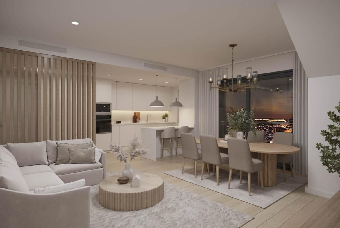 Contemporary living and dining room in a San Agustín penthouse, Alicante