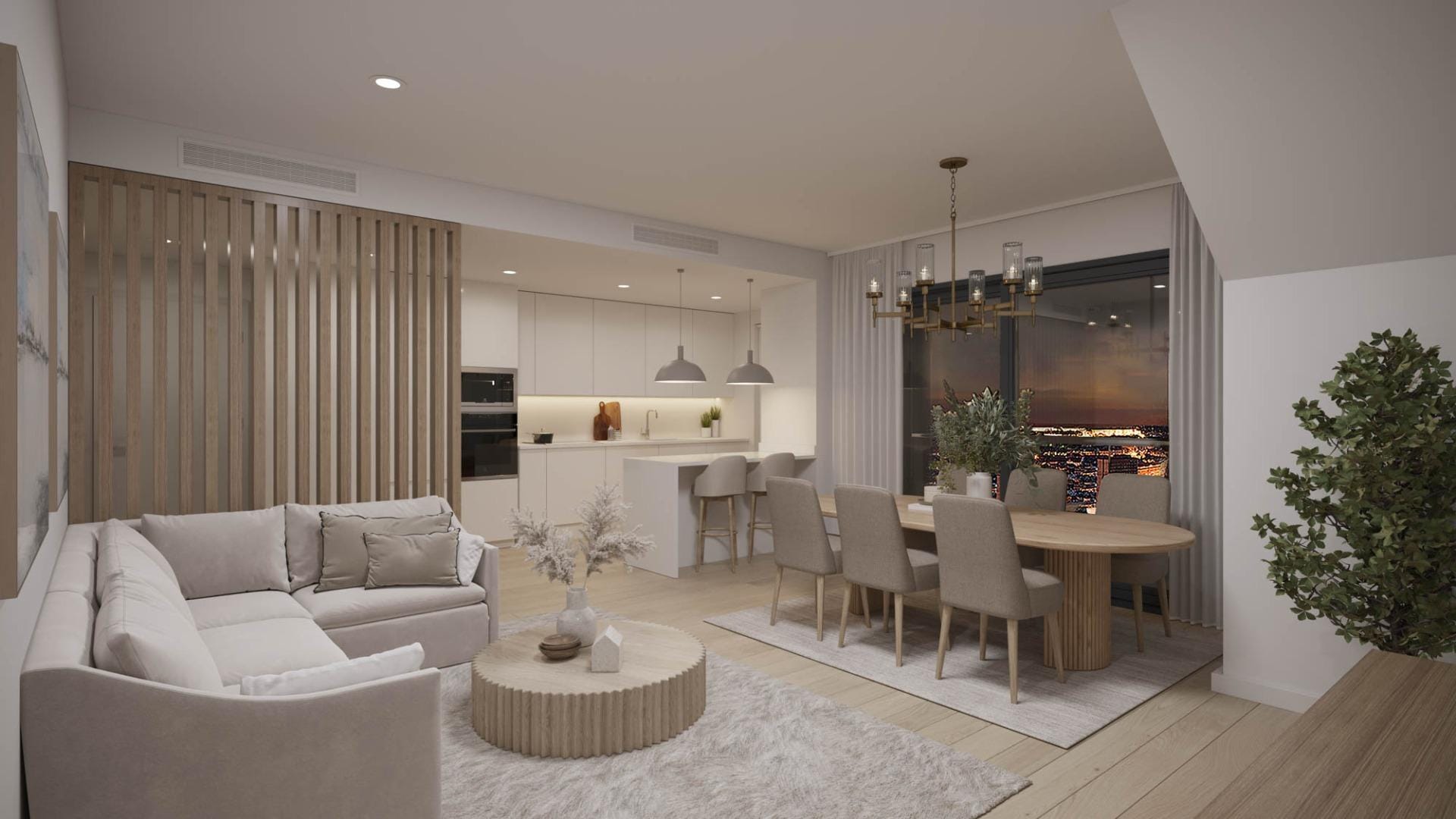 Contemporary living and dining room in a San Agustín penthouse, Alicante