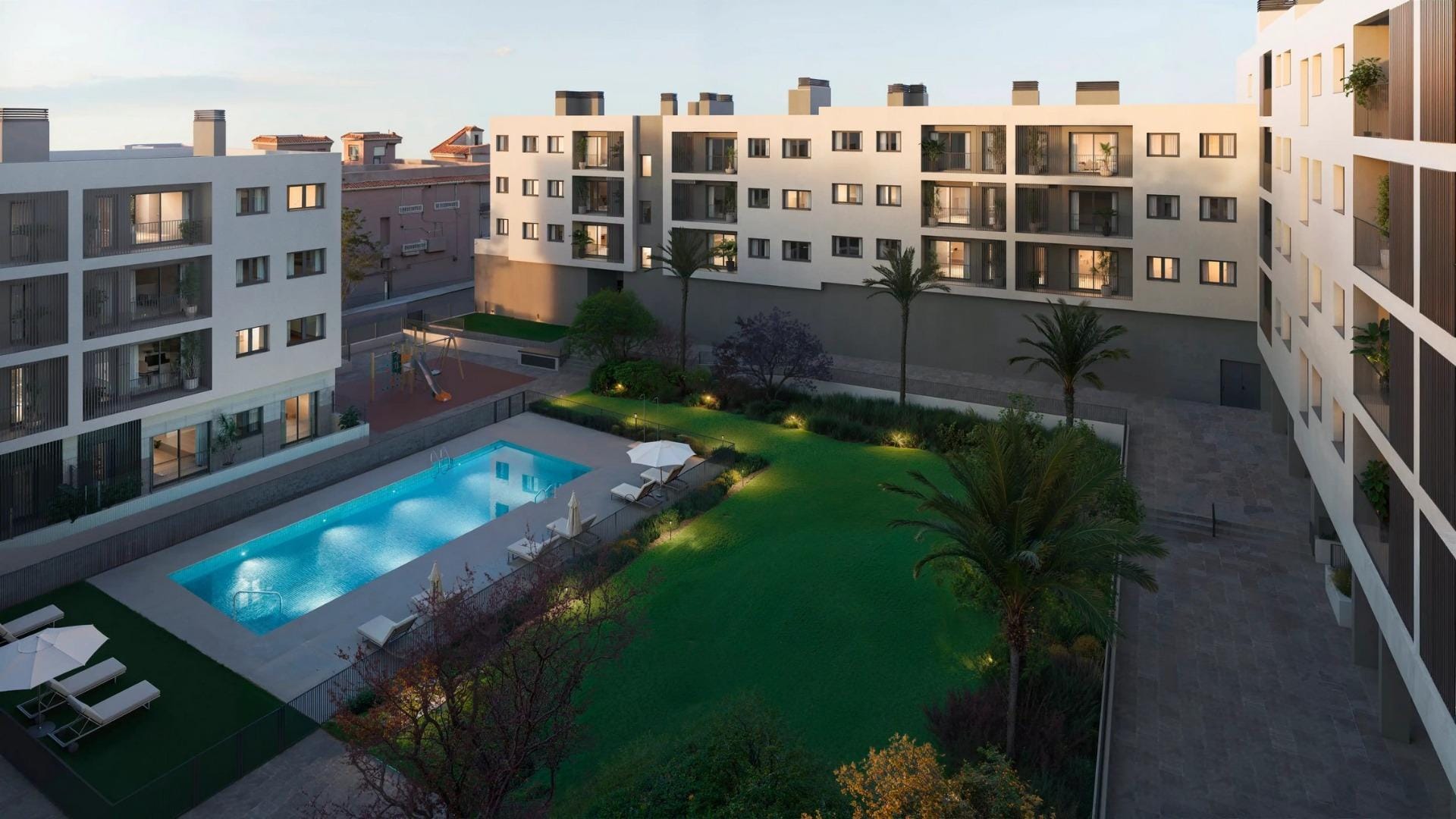 New-Residential-Development-in-Alicante-with-Open-Views-1 Evening CGI render of the communal pool and landscaped courtyard in San Agustín, Alicante