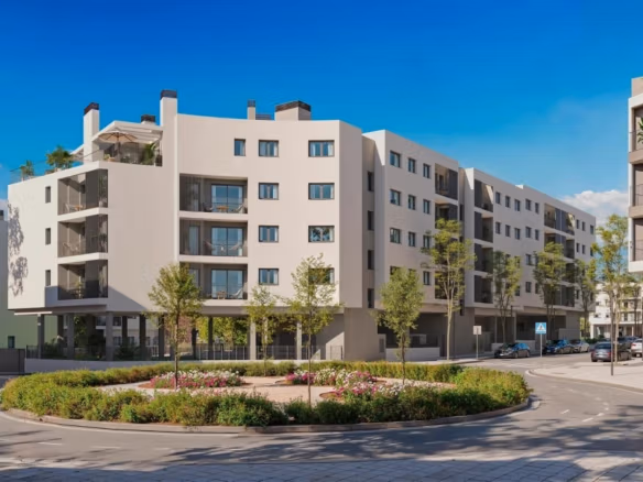 CGI render of a modern apartment building with balconies in San Agustín, Alicante