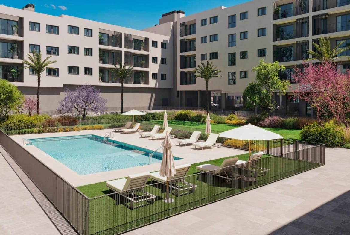 CGI render of the communal swimming pool with sun loungers and landscaped gardens