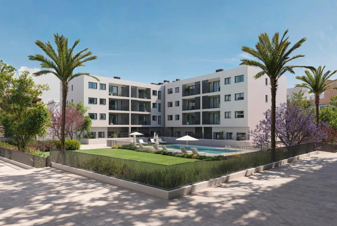 CGI render of a landscaped communal garden with pool and palm trees