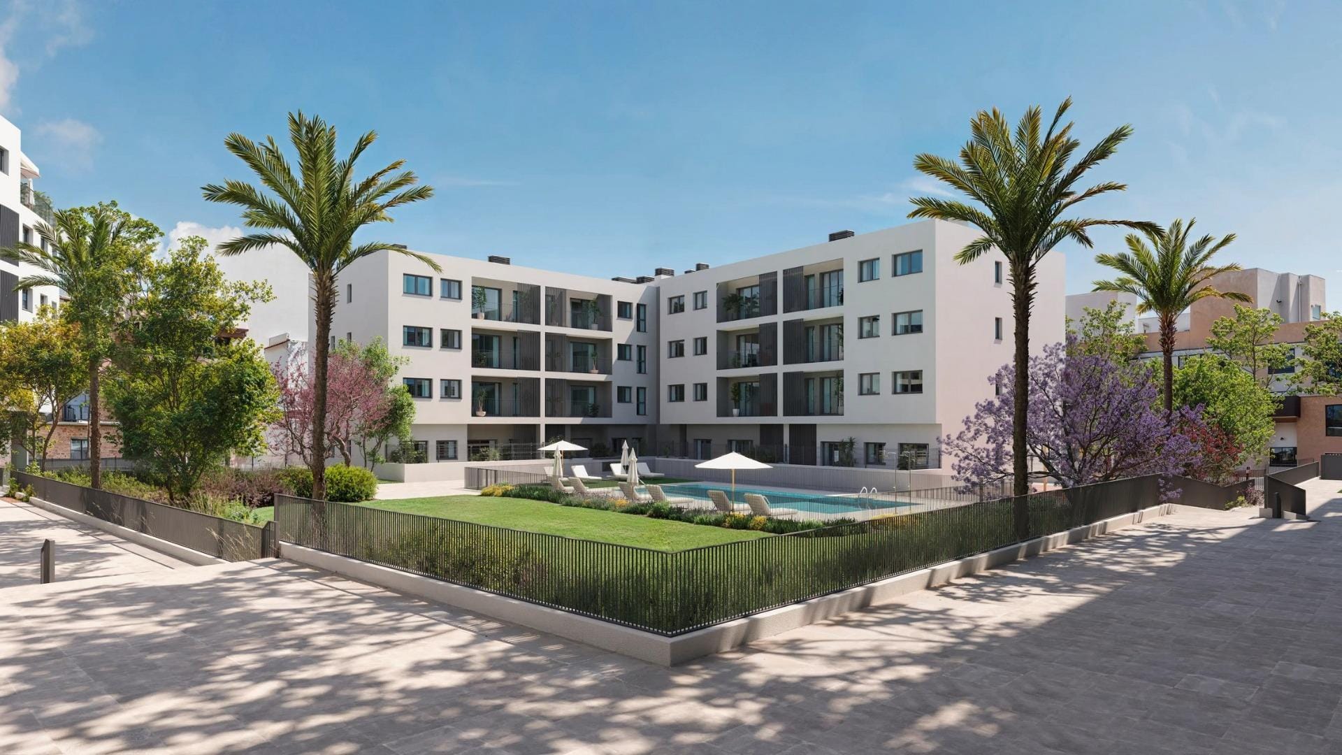 New-Residential-Development-in-Alicante-with-Open-Views-3 CGI render of a landscaped communal garden with pool and palm trees