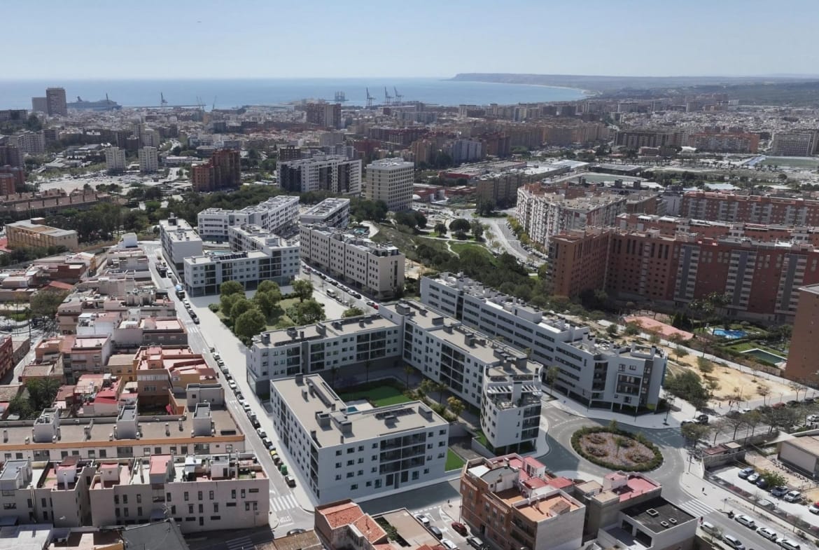 Aerial view of San Agustín, Alicante, with the coastline in the distance