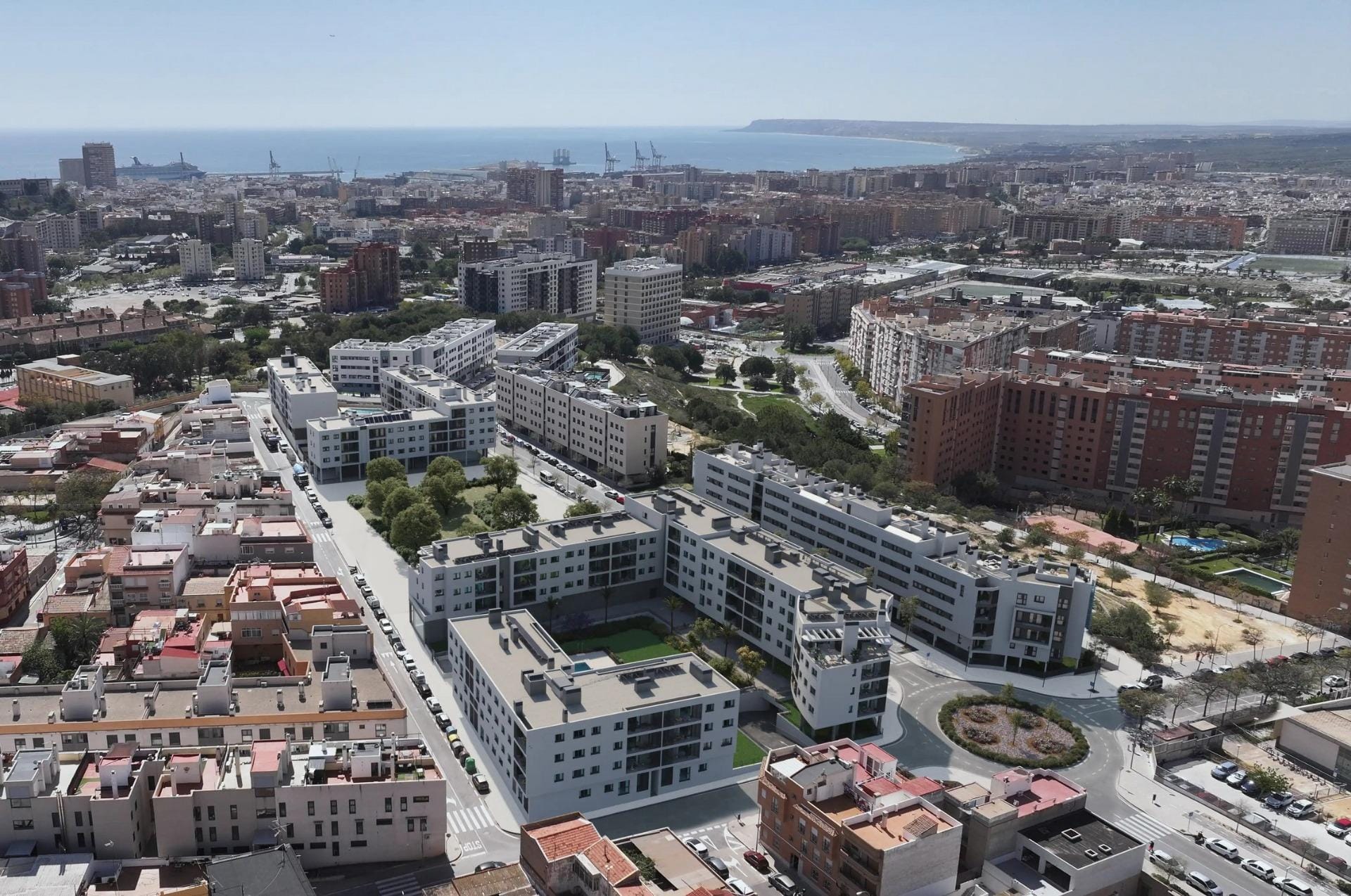 New-Residential-Development-in-Alicante-with-Open-Views-4 Aerial view of San Agustín, Alicante, with the coastline in the distance