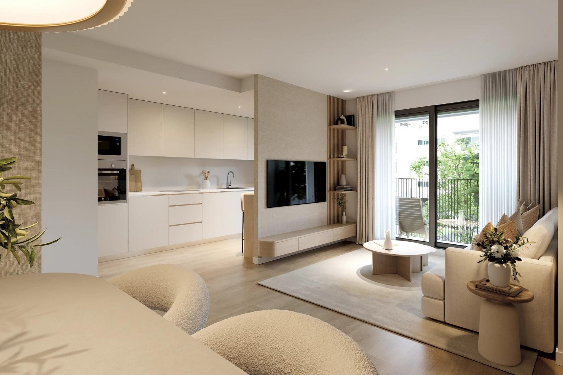 New-Residential-Development-in-Alicante-with-Open-Views-5 CGI render of an open-plan living room and kitchen with balcony access