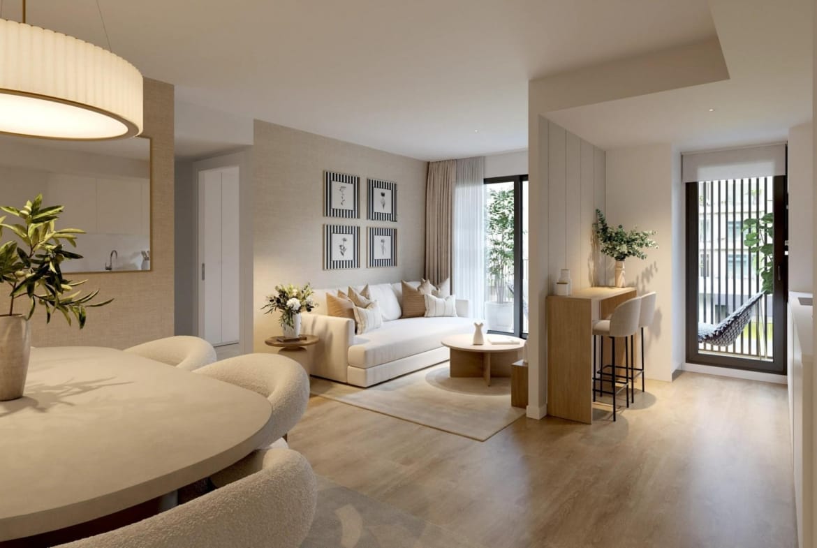 CGI render of a bright dining and living area with kitchen and balcony access