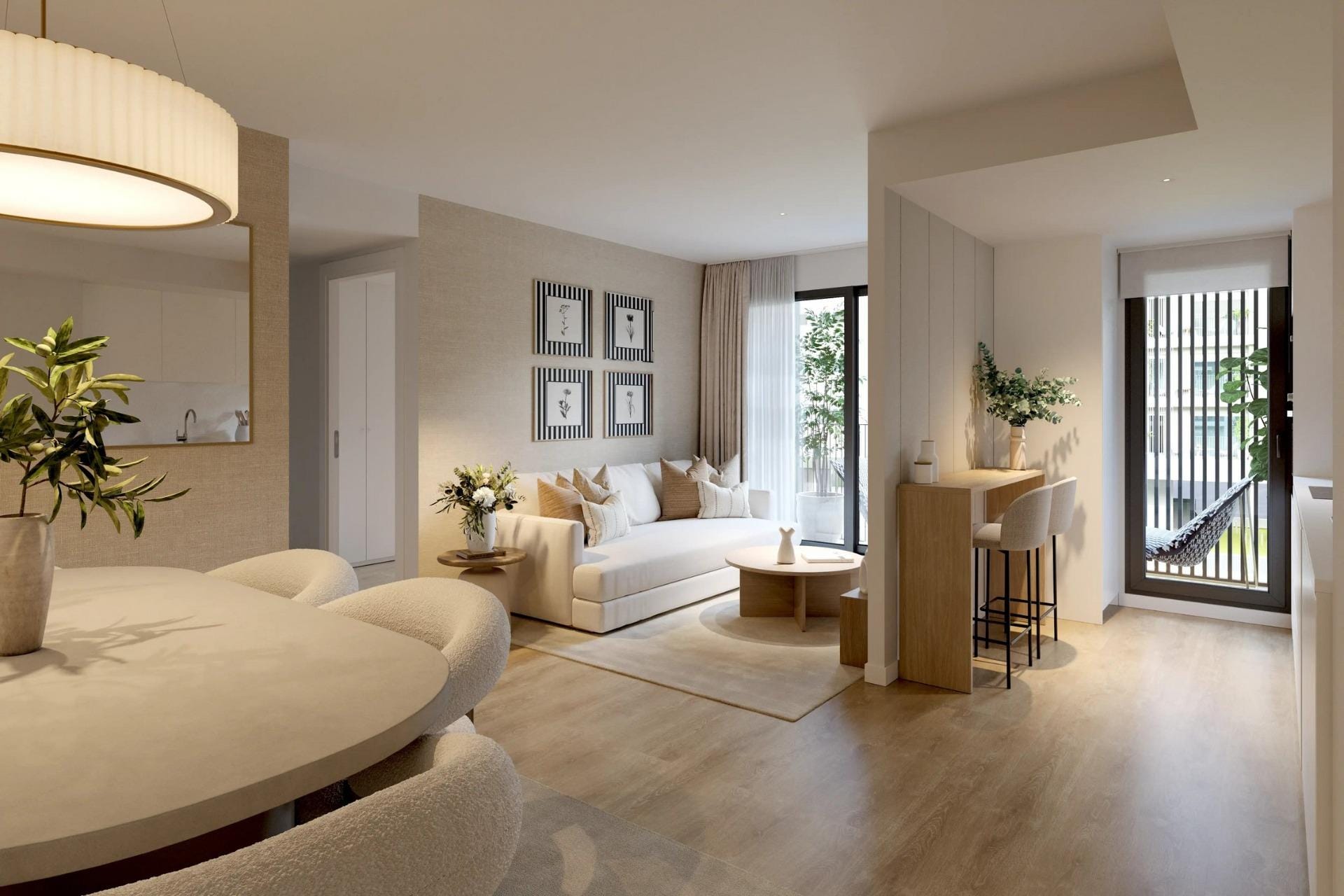 New-Residential-Development-in-Alicante-with-Open-Views-6 CGI render of a bright dining and living area with kitchen and balcony access