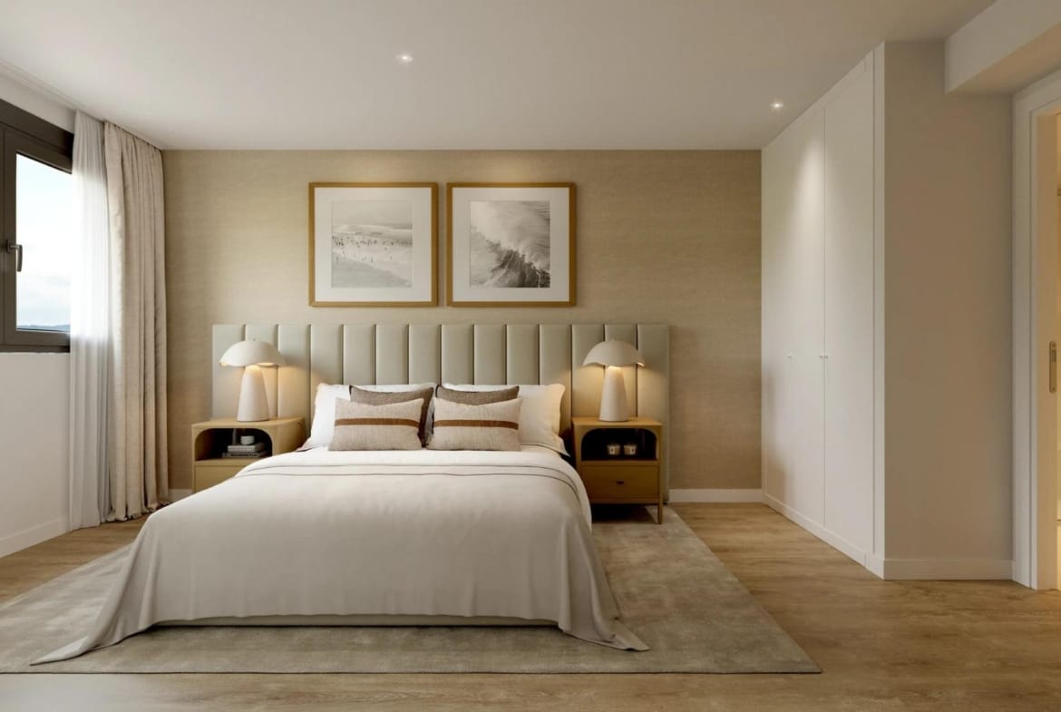 CGI render of a double bedroom with fitted wardrobes and en-suite bathroom access