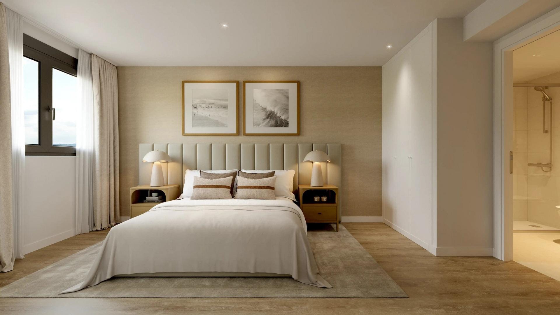 New-Residential-Development-in-Alicante-with-Open-Views-7 CGI render of a double bedroom with fitted wardrobes and en-suite bathroom access