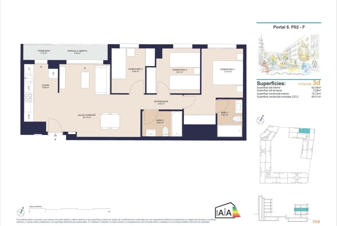 Three-bedroom apartment floor plan with covered terrace and two bathrooms