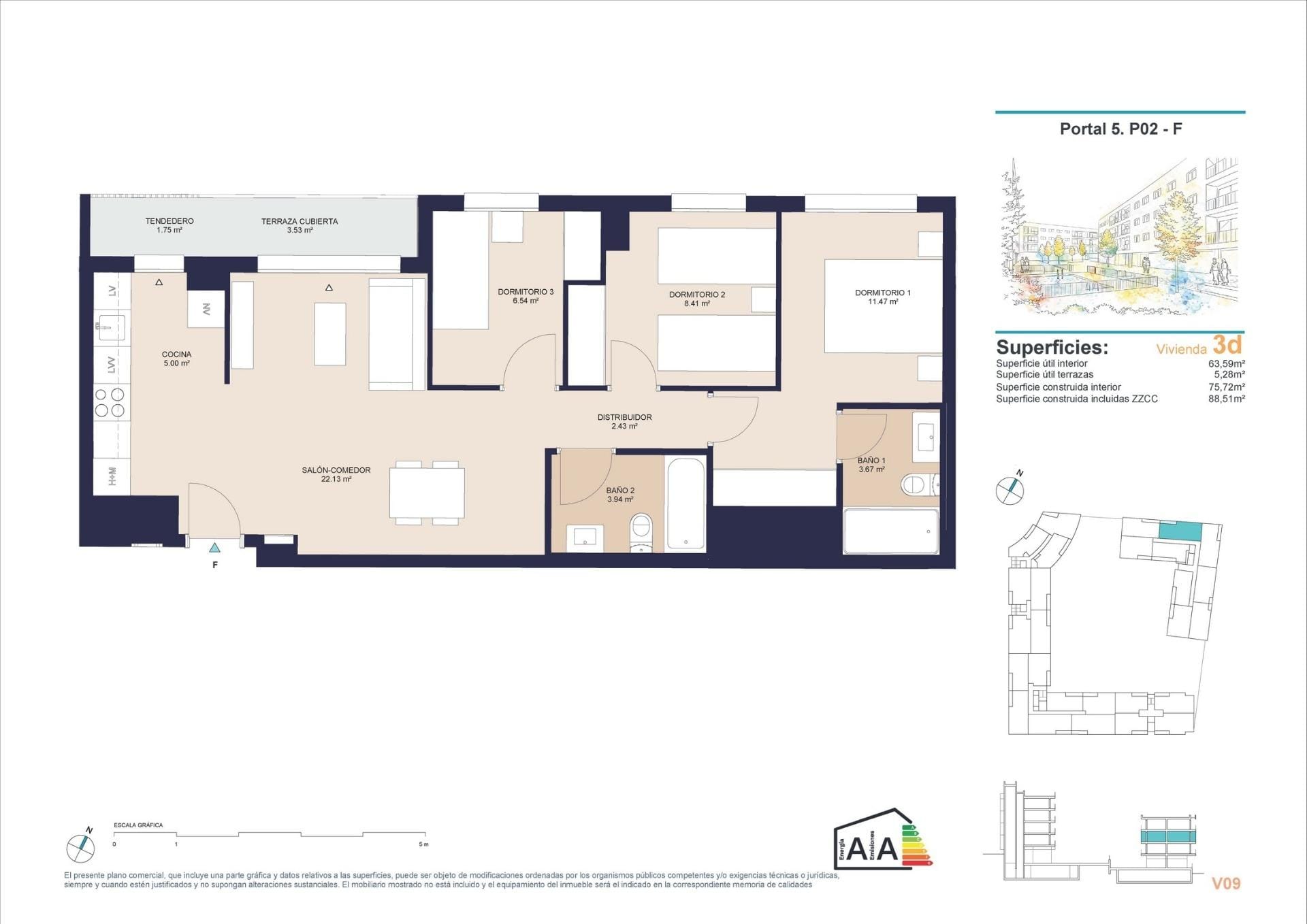 New-Residential-Development-in-Alicante-with-Open-Views-9 Three-bedroom apartment floor plan with covered terrace and two bathrooms