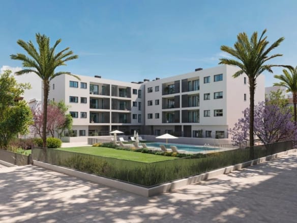 CGI render of modern apartment buildings and a communal pool in San Agustín, Alicante