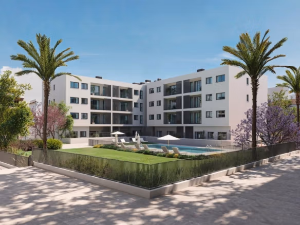 CGI render of modern apartment buildings and a communal pool in San Agustín, Alicante