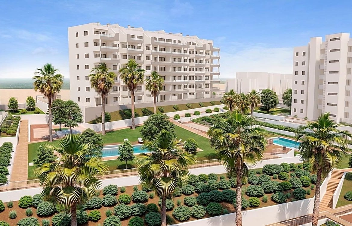 Development rendering with palm trees, planted gardens and apartment terraces in San Miguel de Salinas, Alicante