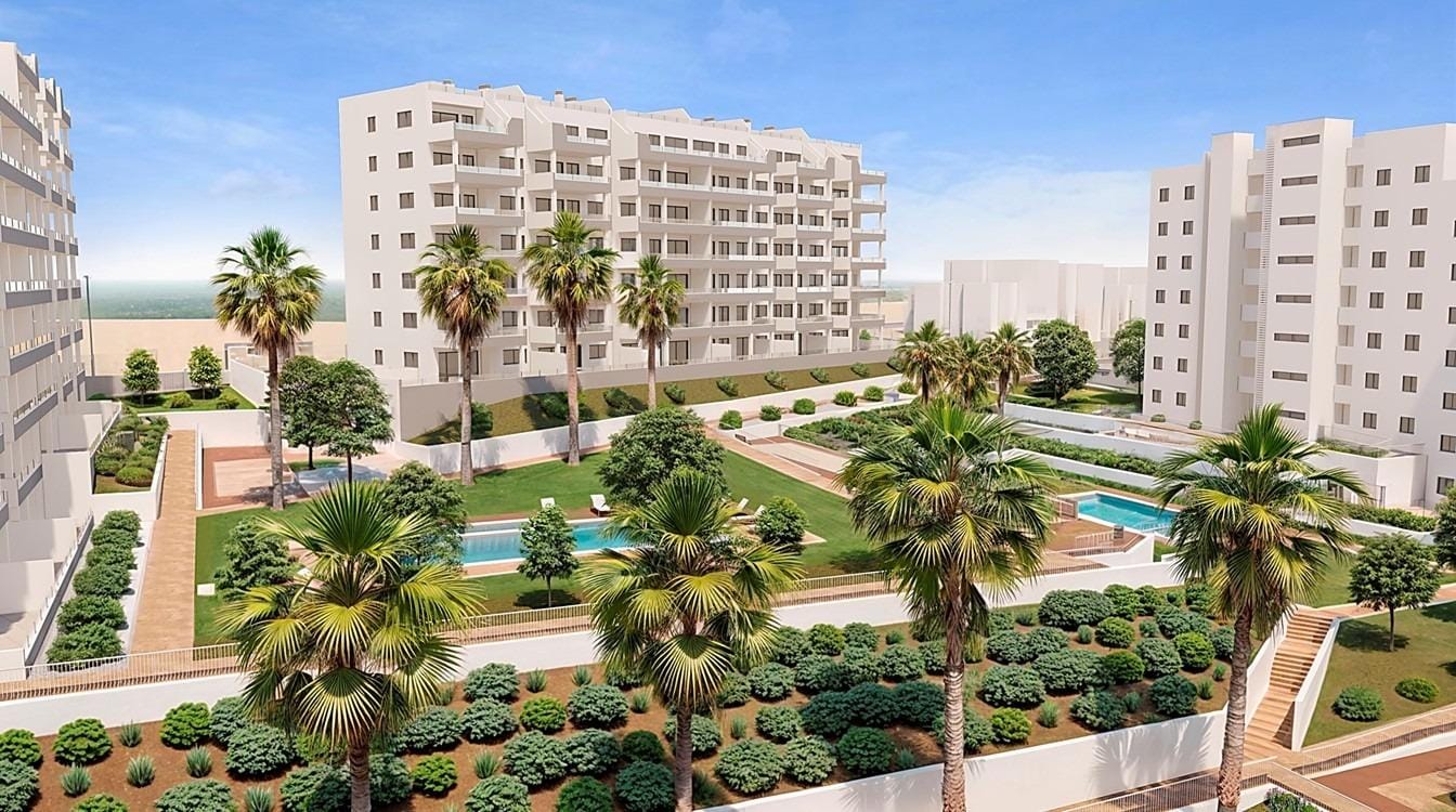 New-Residential-Development-in-San-Miguel-de-Salinas-1 Development rendering with palm trees, planted gardens and apartment terraces in San Miguel de Salinas, Alicante