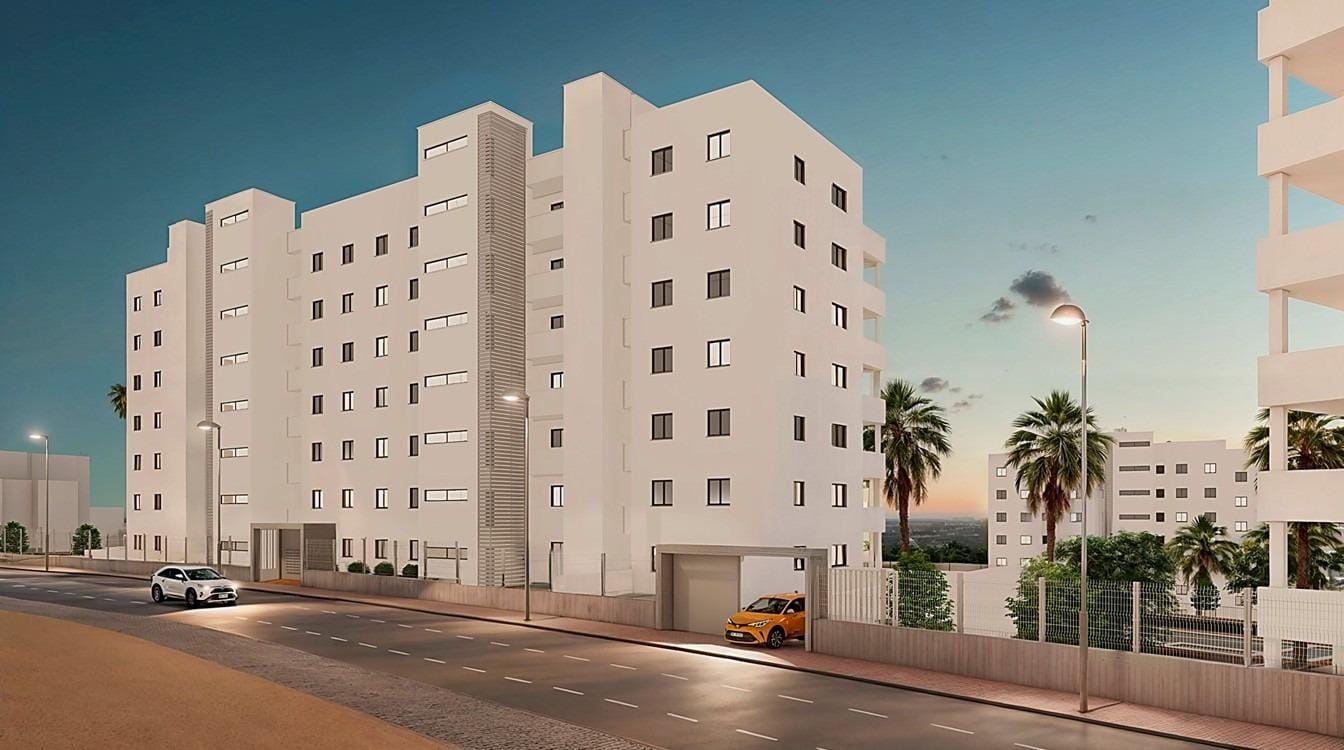 New-Residential-Development-in-San-Miguel-de-Salinas-2 Street-facing development rendering showing the apartment facades at dusk in San Miguel de Salinas, Alicante
