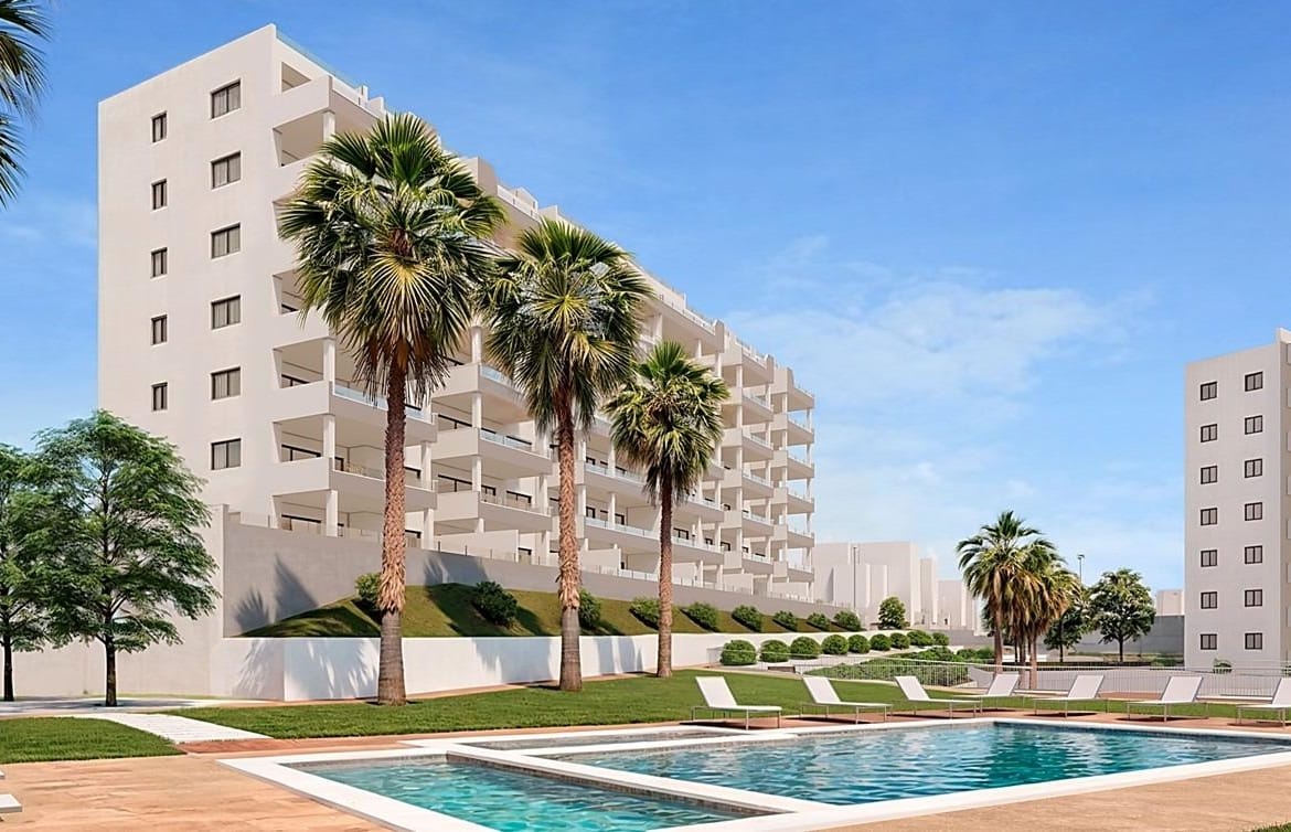 Poolside development rendering with a white apartment block and palm trees in San Miguel de Salinas, Alicante