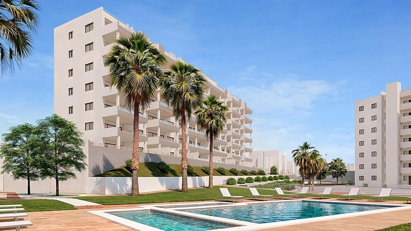 Poolside development rendering with a white apartment block and palm trees in San Miguel de Salinas, Alicante