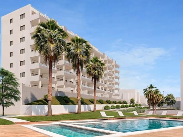 Poolside development rendering with a white apartment block and palm trees in San Miguel de Salinas, Alicante