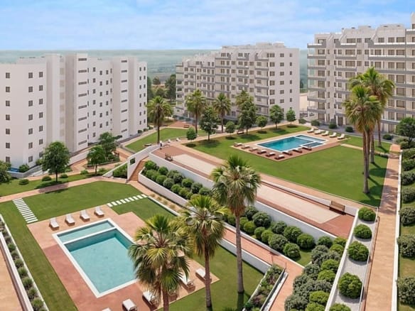 Elevated development rendering showing communal pools and gardens arranged over 3 levels in San Miguel de Salinas, Alicante