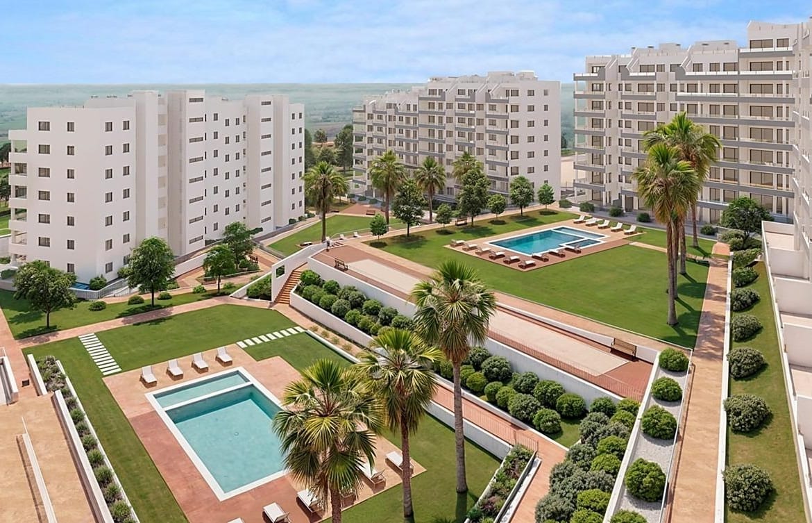 Elevated development rendering showing communal pools and gardens arranged over 3 levels in San Miguel de Salinas, Alicante