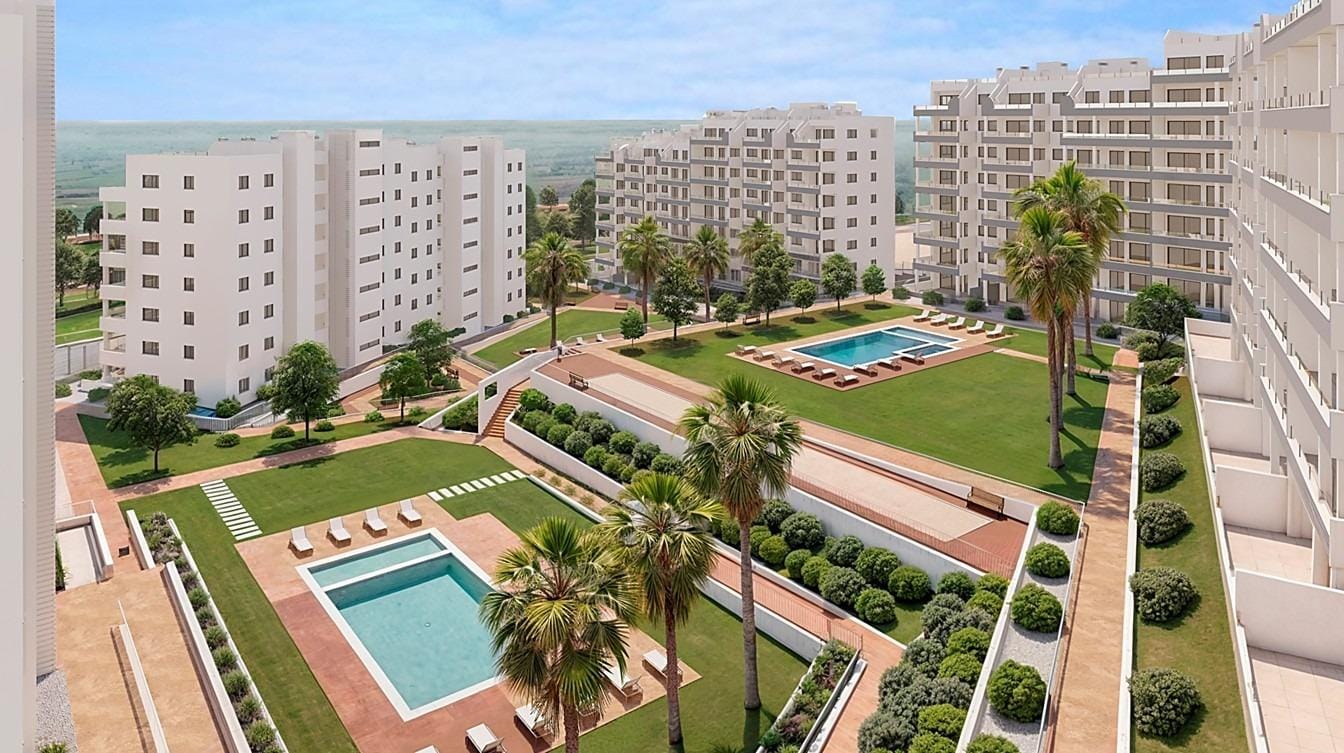 New Residential Development in San Miguel de Salinas Elevated development rendering showing communal pools and gardens arranged over 3 levels in San Miguel de Salinas, Alicante