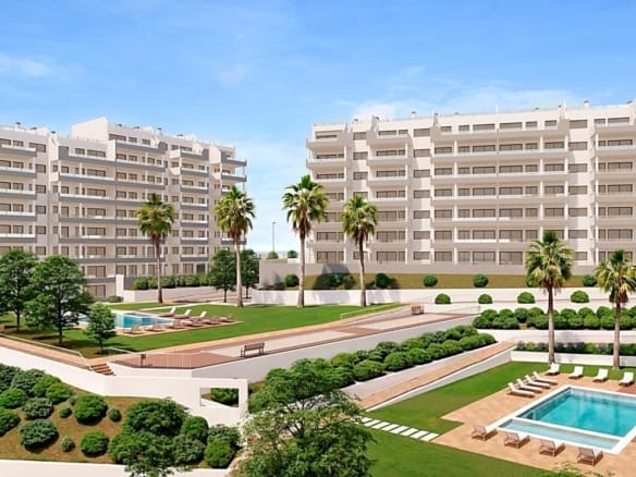Development rendering showing white apartment blocks, communal pools and landscaped gardens in San Miguel de Salinas, Alicante