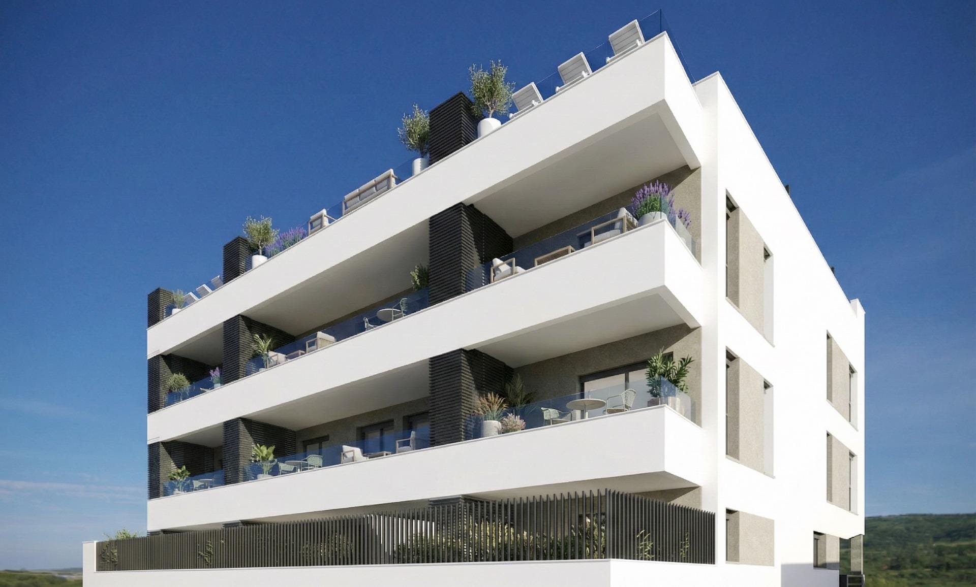 Front elevation rendering of apartments with glass-fronted terraces and street trees in Benijófar, Alicante