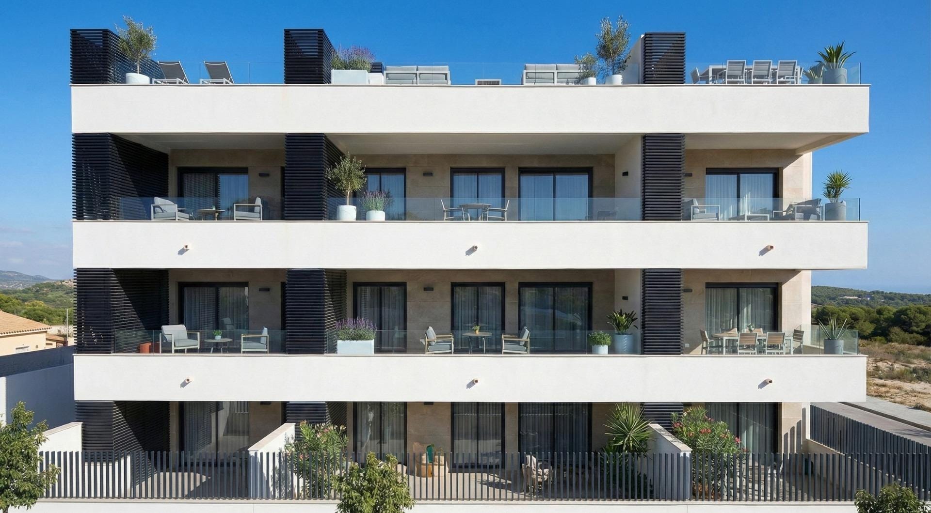 Architectural rendering of a white apartment building with broad terraces and dark privacy screens in Benijófar, Alicante