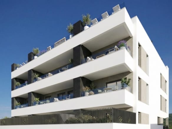 Architectural rendering of a white apartment building with broad terraces and dark privacy screens in Benijófar, Alicante