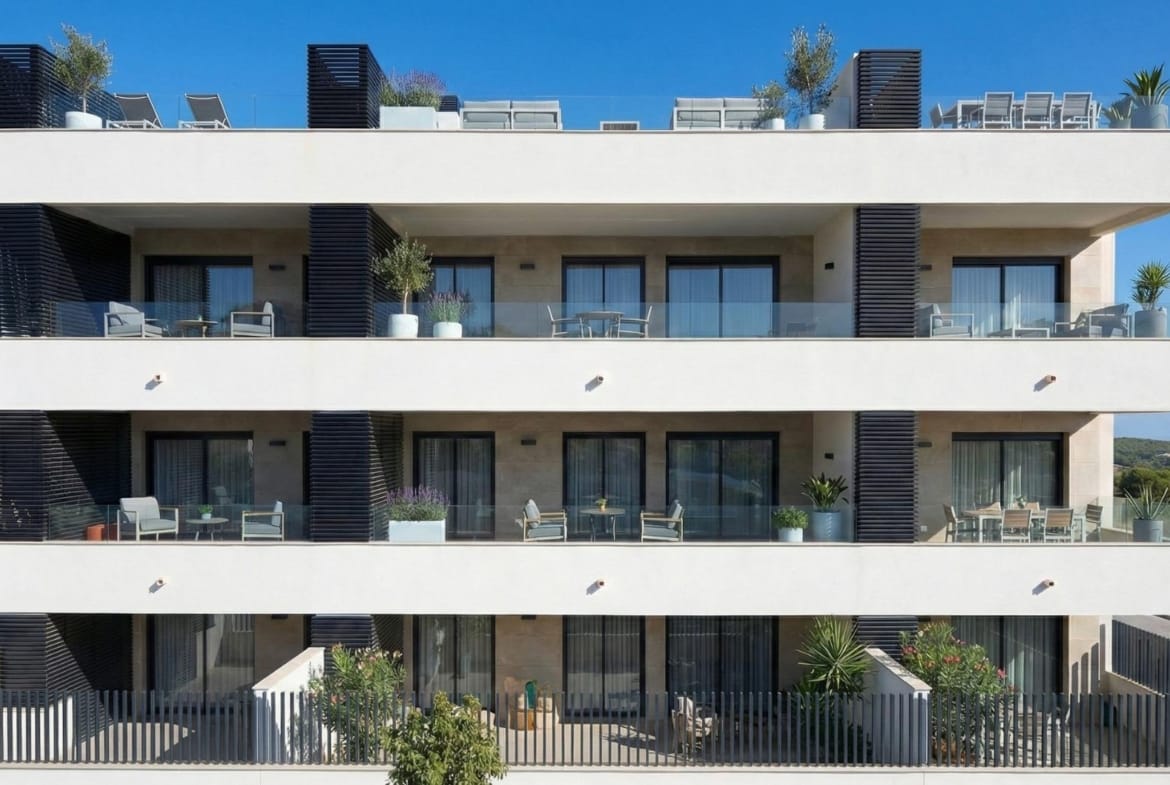 Apartment facade rendering with stacked terraces and a planted ground-floor boundary in Benijófar, Alicante