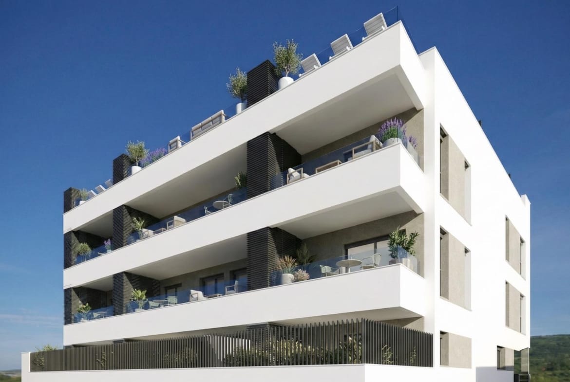 Apartment facade rendering with stacked terraces and a planted ground-floor boundary in Benijófar, Alicante