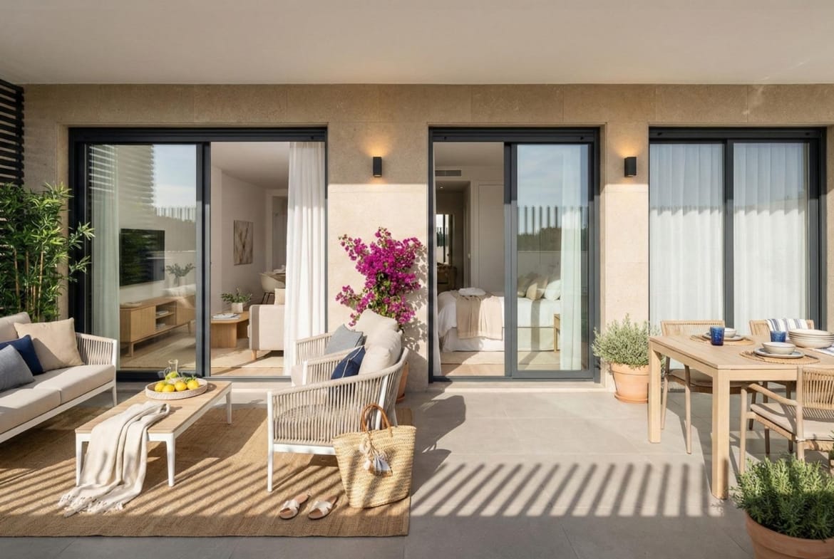 Terrace rendering with a dining table, lounge seating and sliding glass doors in Benijófar, Alicante