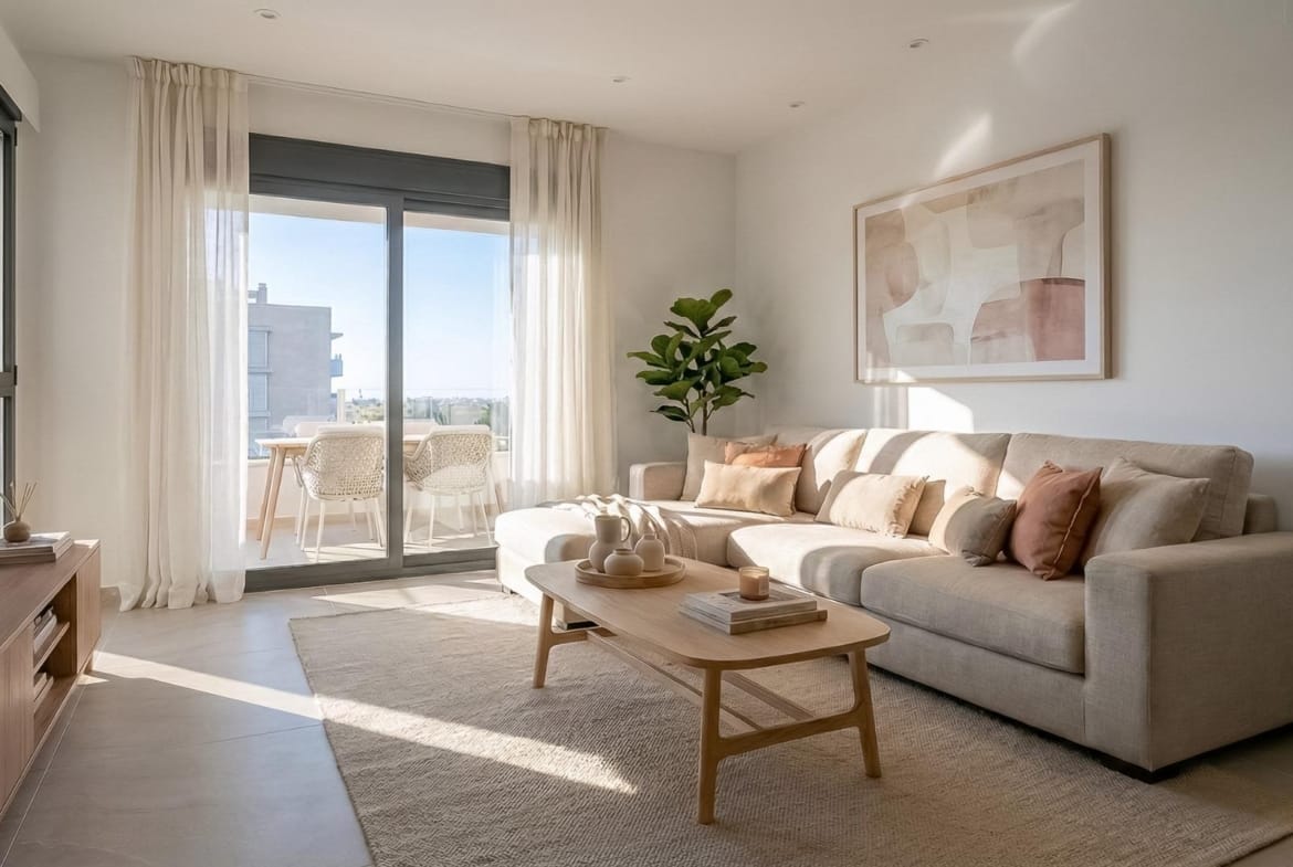 Living room rendering with a beige sofa, wooden coffee table and doors opening onto a terrace in Benijófar, Alicante