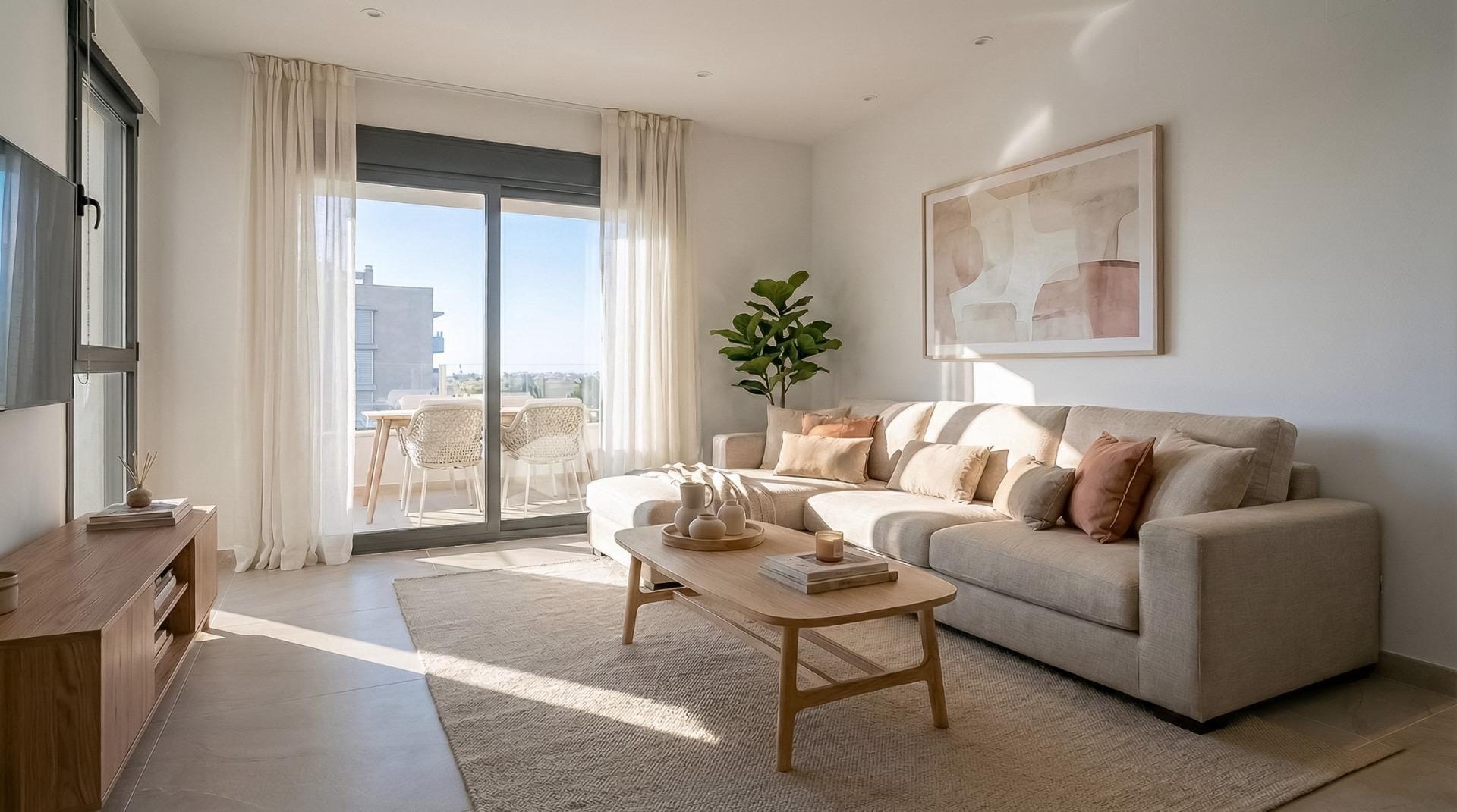 Living room rendering with a beige sofa, wooden coffee table and doors opening onto a terrace in Benijófar, Alicante