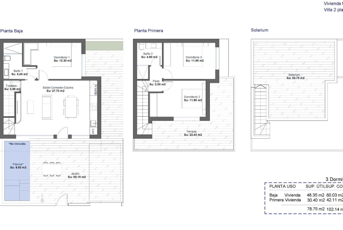 Floor plan of the two-storey 3 bedroom villa with terrace and rooftop solarium in Condado de Alhama Golf Resort