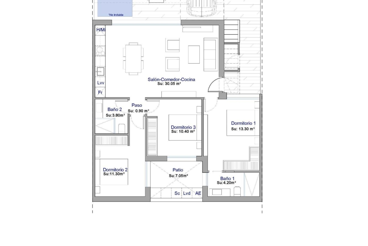Floor plan of the single-storey 3 bedroom townhouse in Condado de Alhama Golf Resort