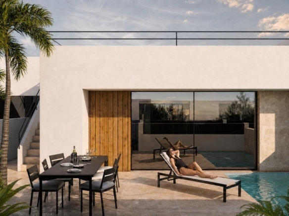 Render of a single-storey 3 bedroom townhouse terrace with optional pool in Condado de Alhama Golf Resort
