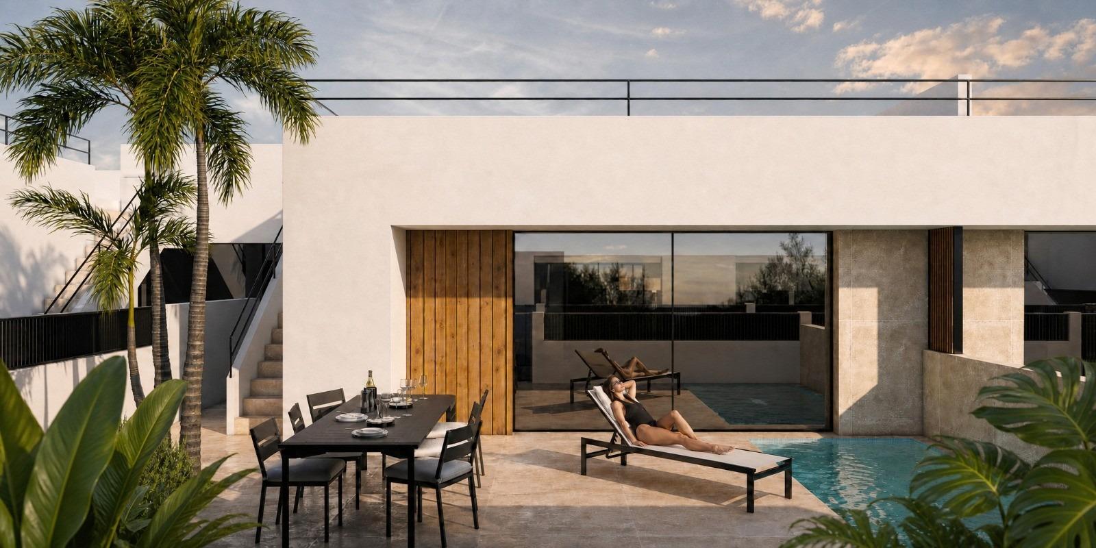 Render of a single-storey 3 bedroom townhouse terrace with optional pool in Condado de Alhama Golf Resort