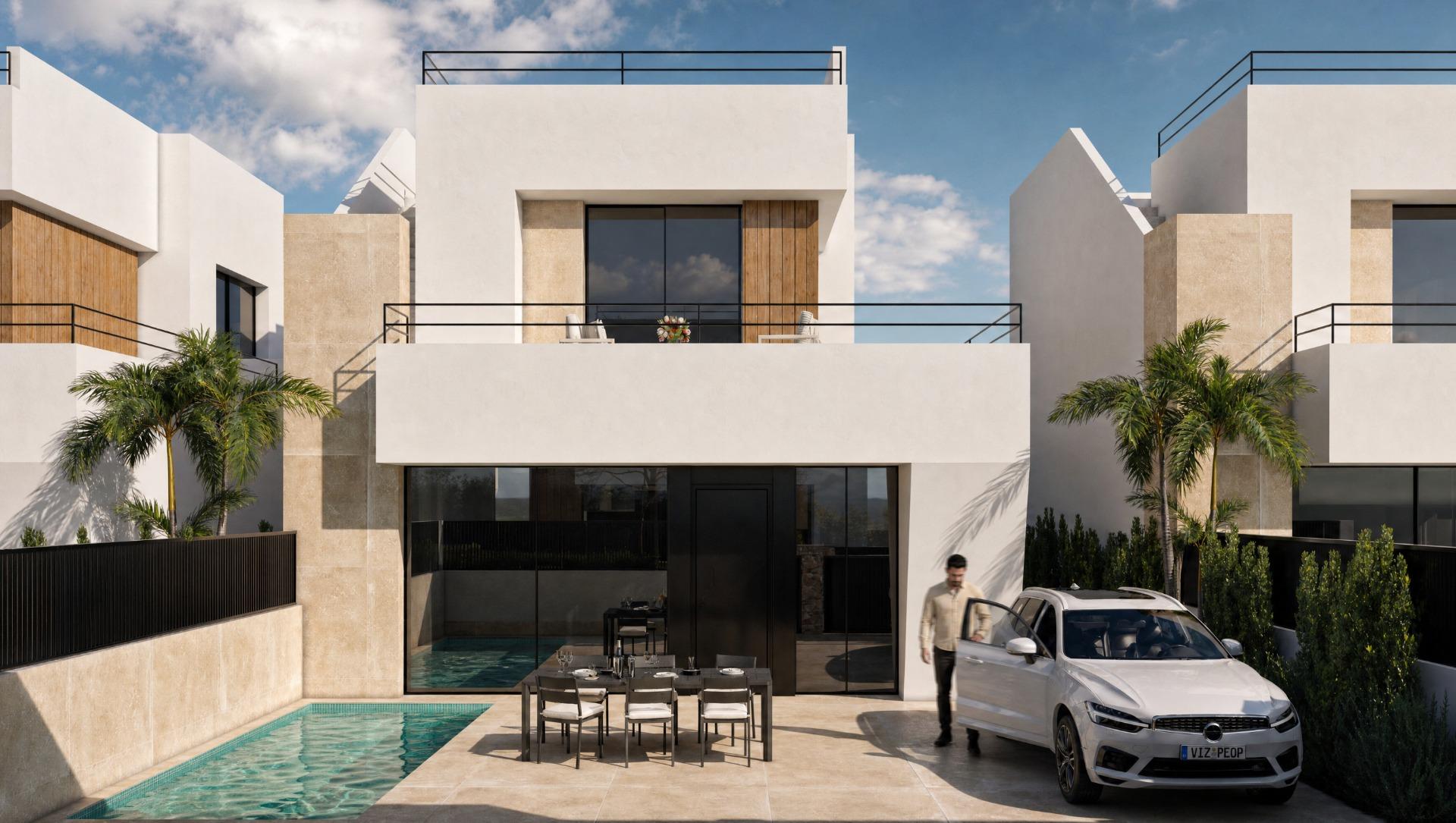 New-build villas at Condado de Alhama Golf Resort Render of a two-storey 3 bedroom villa with parking and optional pool in Condado de Alhama Golf Resort