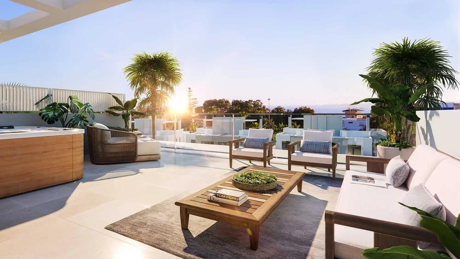 Alicante Rendering of a furnished roof terrace with pergola and jacuzzi in Cabo de las Huertas, Alicante