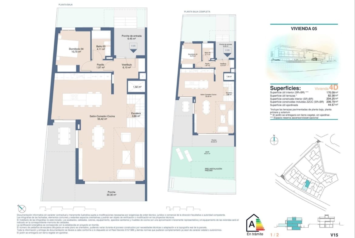 Ground-floor plan showing a bedroom, bathroom, living area, porch and garden in Cabo de las Huertas, Alicante