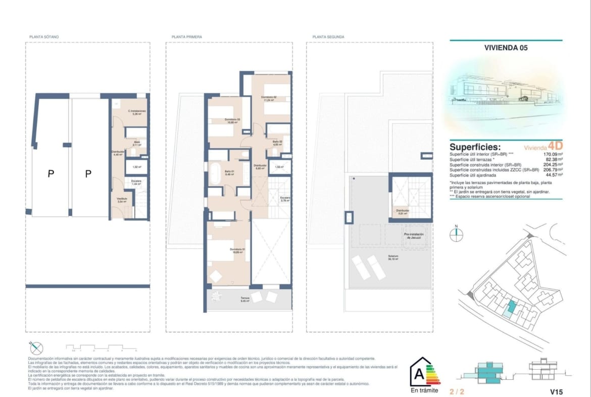 Basement garage, first-floor bedroom layout and roof solarium plans in Cabo de las Huertas, Alicante