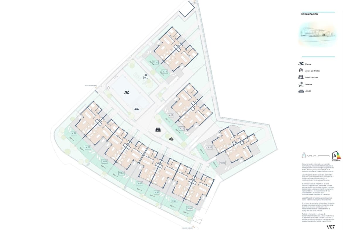 Development site plan showing townhouses, communal pool, jacuzzi and gardens in Cabo de las Huertas, Alicante